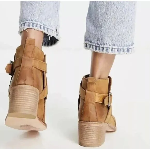 NEW Free People Back Loop Ankle Boot Washed Tan Distress Leather Point Toe 10‎