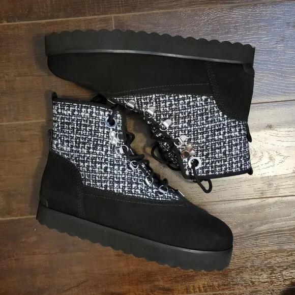 NEW Larroude Vail Boots Womens 9.5 Suede Black White Checkered Faux Fur Cozy