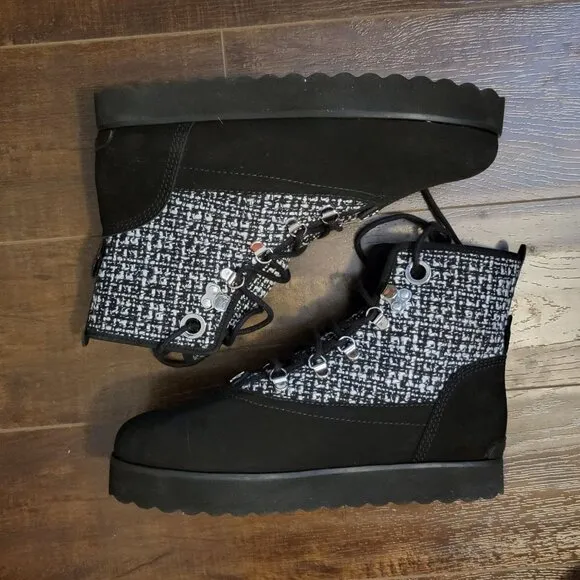 NEW Larroude Vail Boots Womens 9.5 Suede Black White Checkered Faux Fur Cozy