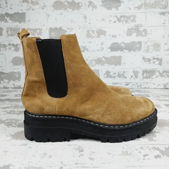 New Marc Fisher Padmia Tan Suede Block Heel Pull On Ankle Boots C567