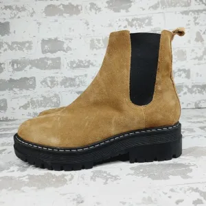 New Marc Fisher Padmia Tan Suede Block Heel Pull On Ankle Boots C567