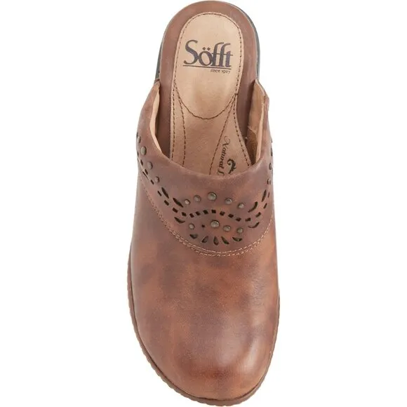 new Sofft Women's Laina Mocha Leather Studded Clogs Heel Mules Shoes
