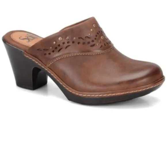 new Sofft Women's Laina Mocha Leather Studded Clogs Heel Mules Shoes