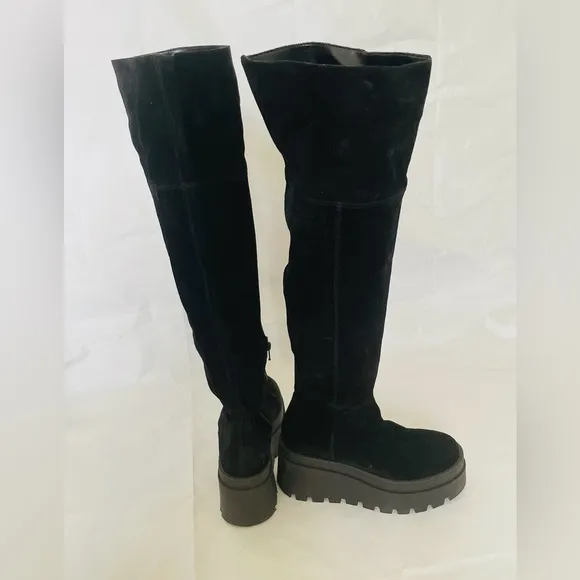 NEW Sz 38 Free People London Calling Wedge Over The Knee Boots Black Suede Zip
