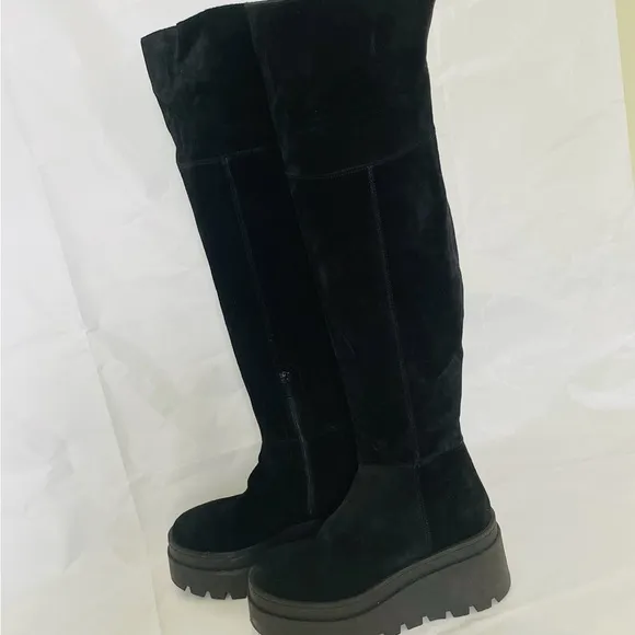 NEW Sz 38 Free People London Calling Wedge Over The Knee Boots Black Suede Zip