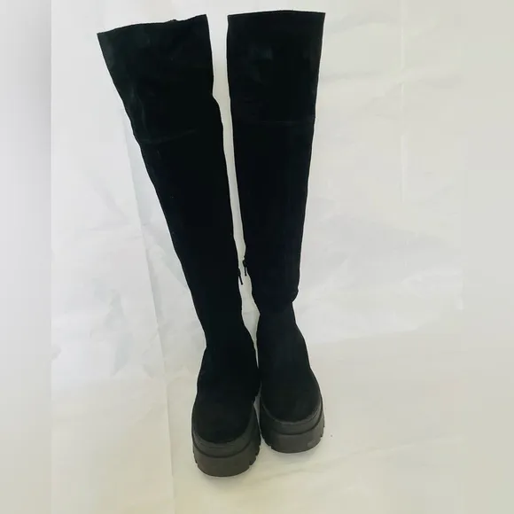 NEW Sz 38 Free People London Calling Wedge Over The Knee Boots Black Suede Zip