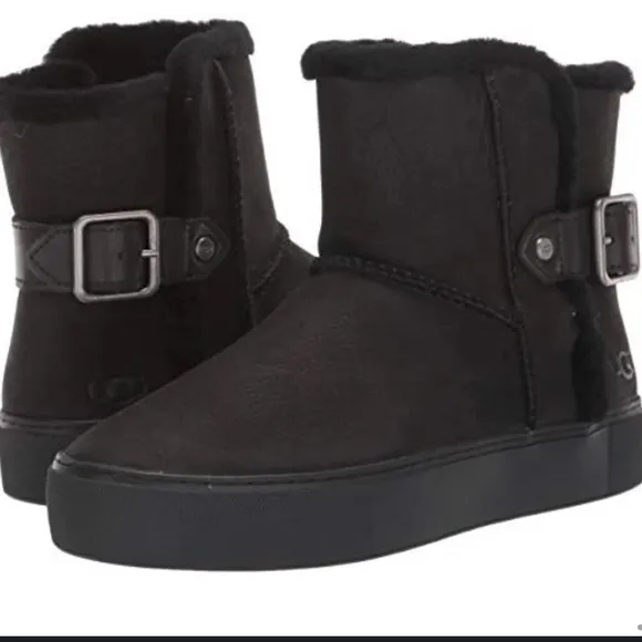 New UGG Aika Black Shearling Suede &amp; Wool Short Boots Size 7.5