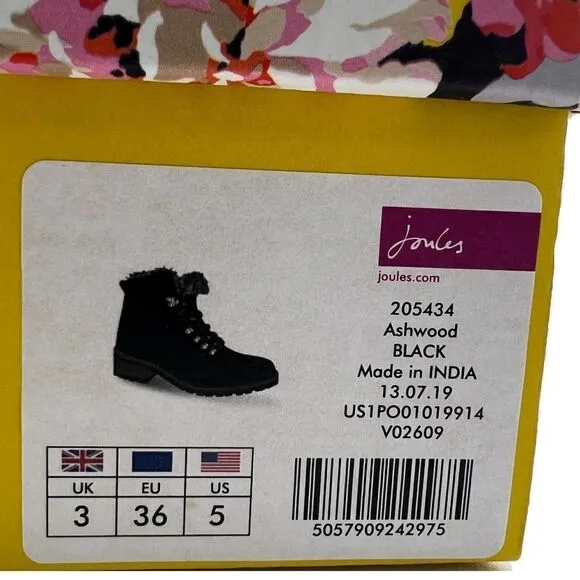 New Women Joules Ashwood Black Leather Faux Fur Warm Lace-Up Hiking Ankle Boots