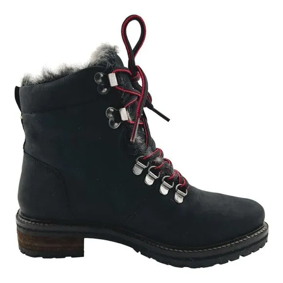 New Women Joules Ashwood Black Leather Faux Fur Warm Lace-Up Hiking Ankle Boots
