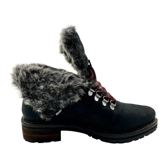 New Women Joules Ashwood Black Leather Faux Fur Warm Lace-Up Hiking Ankle Boots