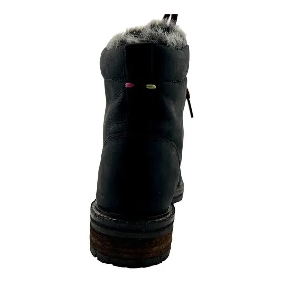 New Women Joules Ashwood Black Leather Faux Fur Warm Lace-Up Hiking Ankle Boots
