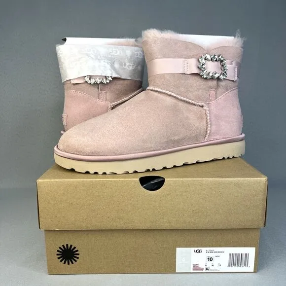 New Womens Ugg Boots Mini Glam Classy Bling Side Crystal Brooch Pink PCRY Sz 10