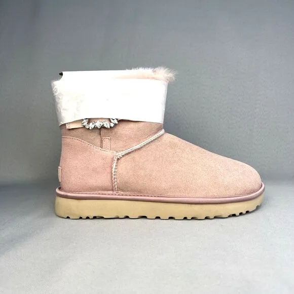 New Womens Ugg Boots Mini Glam Classy Bling Side Crystal Brooch Pink PCRY Sz 10