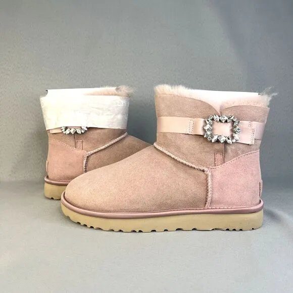 New Womens Ugg Boots Mini Glam Classy Bling Side Crystal Brooch Pink PCRY Sz 10