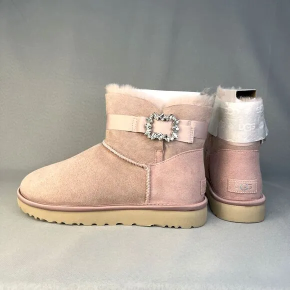 New Womens Ugg Boots Mini Glam Classy Bling Side Crystal Brooch Pink PCRY Sz 10