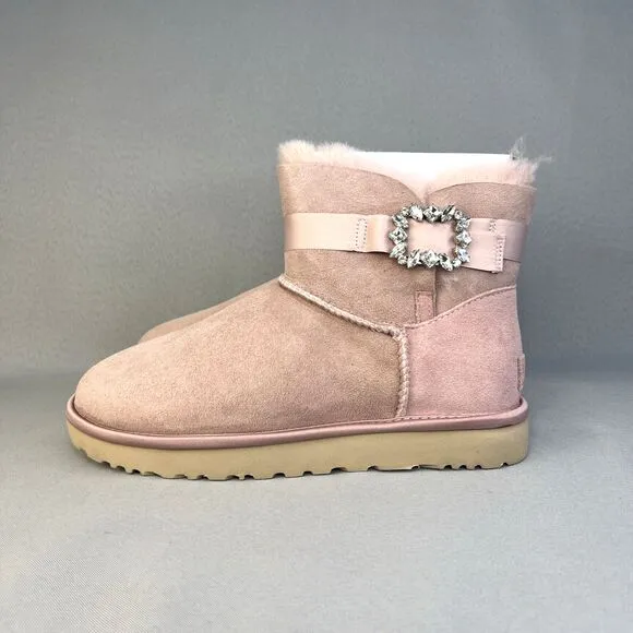 New Womens Ugg Boots Mini Glam Classy Bling Side Crystal Brooch Pink PCRY Sz 10