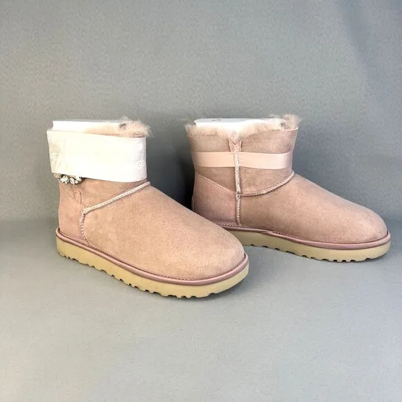 New Womens Ugg Boots Mini Glam Classy Bling Side Crystal Brooch Pink PCRY Sz 10