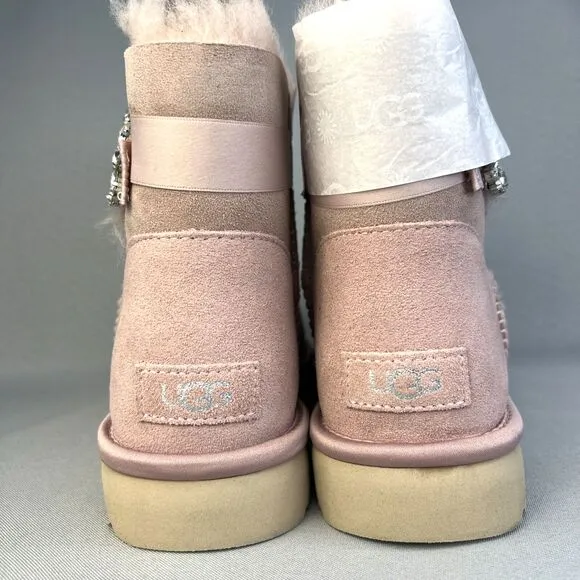 New Womens Ugg Boots Mini Glam Classy Bling Side Crystal Brooch Pink PCRY Sz 10