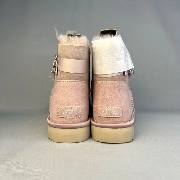 New Womens Ugg Boots Mini Glam Classy Bling Side Crystal Brooch Pink PCRY Sz 10