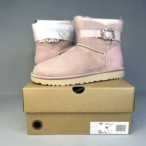 New Womens Ugg Boots Mini Glam Classy Bling Side Crystal Brooch Pink PCRY Sz 10