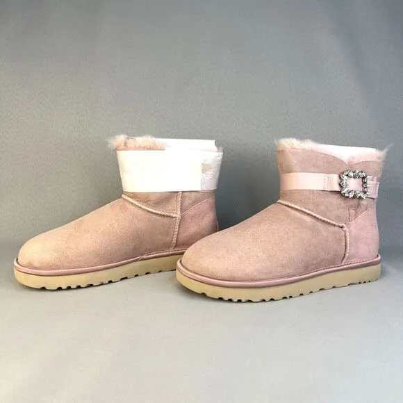 New Womens Ugg Boots Mini Glam Classy Bling Side Crystal Brooch Pink PCRY Sz 10