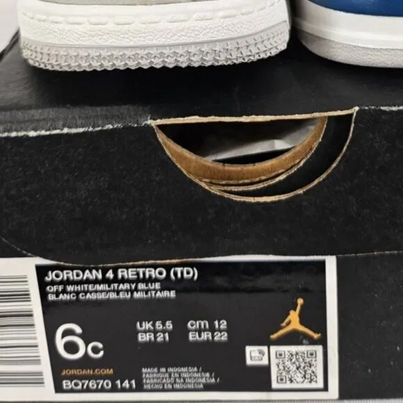 NIKE JORDAN 4 RETRO TODDLER (TD) OFF WHITE/MILITARY BLUE SIZE 6C BQ7670 141