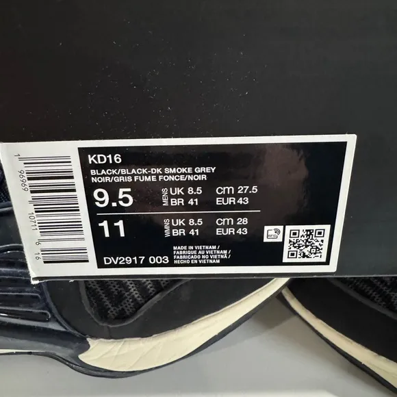 Nike KD16 (9.5M) black/smoke grey. Preowned in OG box.