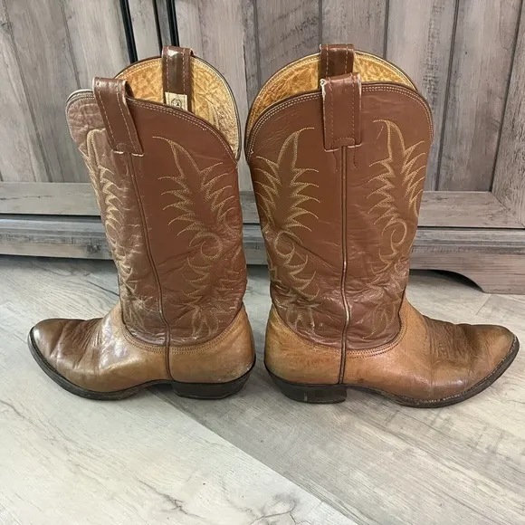 Nocona Cowboy Boots Brown Leather Mens 8.5D Made in USA 3817C Western Stitching