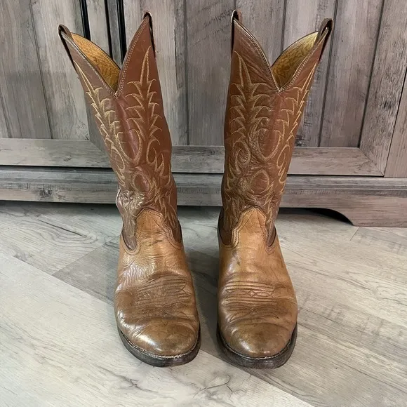Nocona Cowboy Boots Brown Leather Mens 8.5D Made in USA 3817C Western Stitching