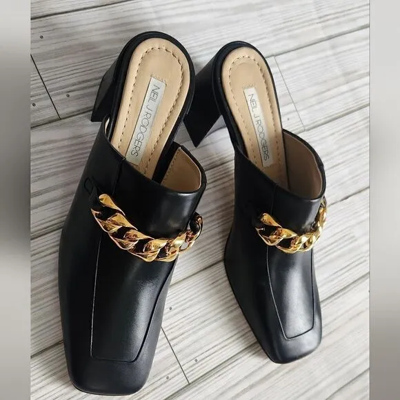NWOB Neil J. Rodgers Black Mule Shoes Chain Embelished Size 5