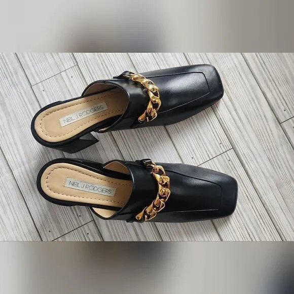 NWOB Neil J. Rodgers Black Mule Shoes Chain Embelished Size 5