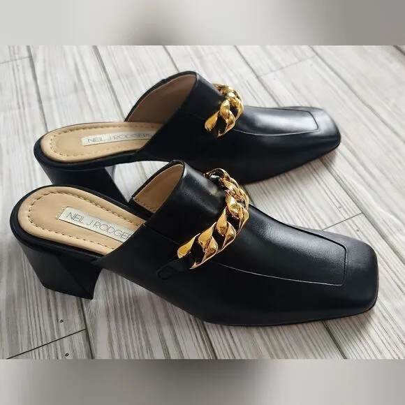 NWOB Neil J. Rodgers Black Mule Shoes Chain Embelished Size 5