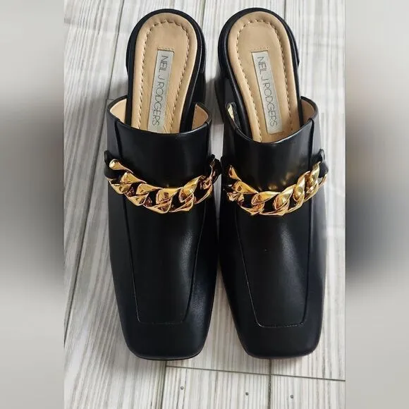 NWOB Neil J. Rodgers Black Mule Shoes Chain Embelished Size 5