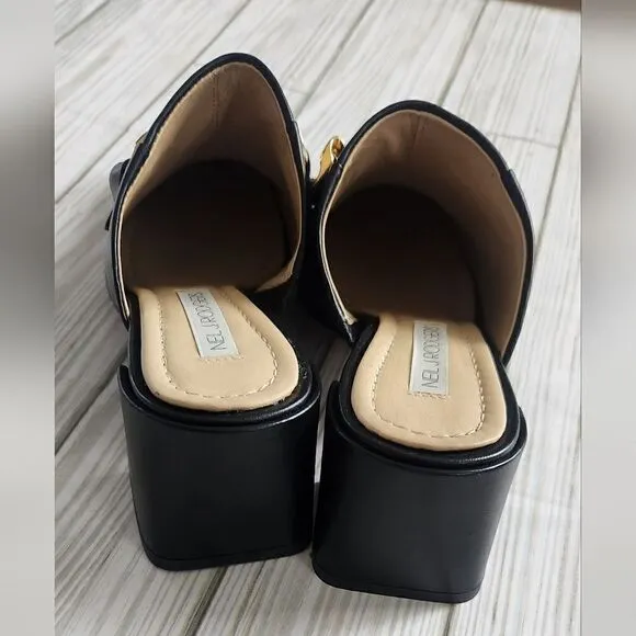 NWOB Neil J. Rodgers Black Mule Shoes Chain Embelished Size 5