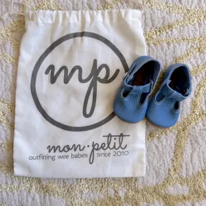 NWOT BACKYARD BLUE T-Straps Mon Petit Shoes Sz 1 Handmade Soft Soles Periwinkle‎