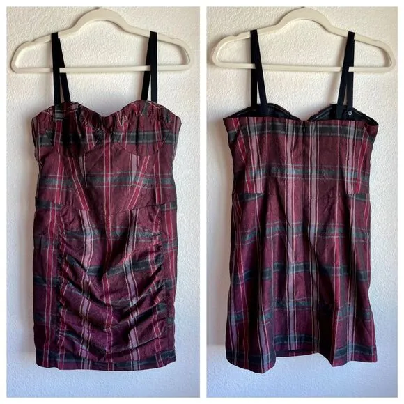 NWOT Nanette Lepore Watson Tartan Plaid Convertible Bustier Dress Burgundy Black