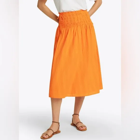 NWOT Smocked Waist Midi Skirt in Marigold Dobby Stripe