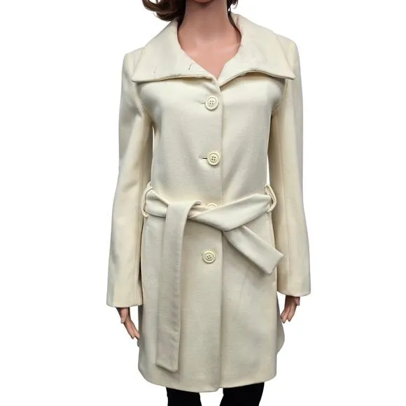 NWOT ZARA Basic Coat Peacoat Women S Cream/ Ivory Wool Belted Shawl Stand Collar