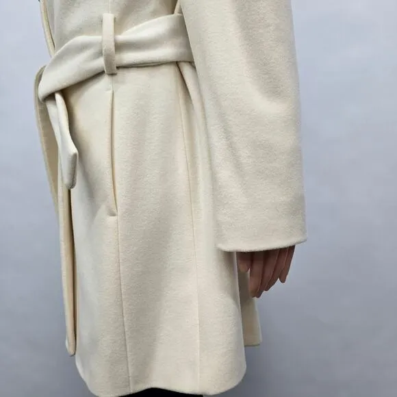 NWOT ZARA Basic Coat Peacoat Women S Cream/ Ivory Wool Belted Shawl Stand Collar