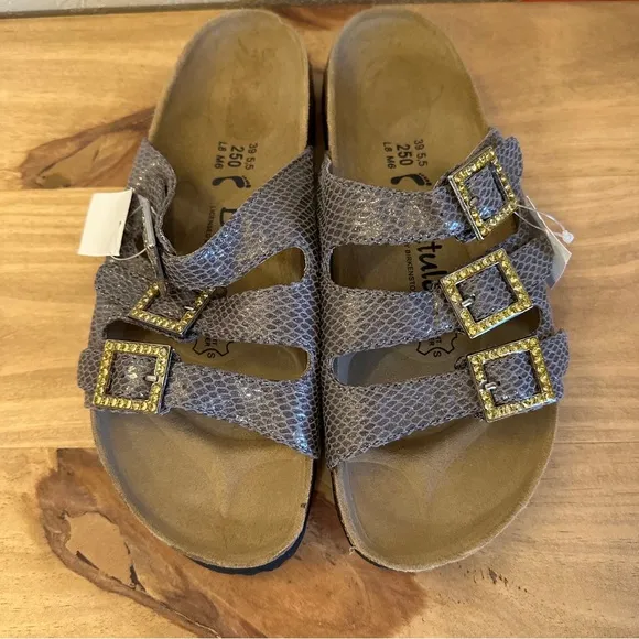 NWT Betula Birkenstock Faux Snake Skin Sandals With Crystal‎ Buckles Size 39