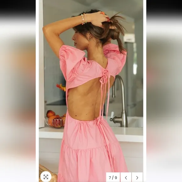 NwT Charlie Holiday Floress Puff Sleeve Open Back Midi Dress In Pink Size 2