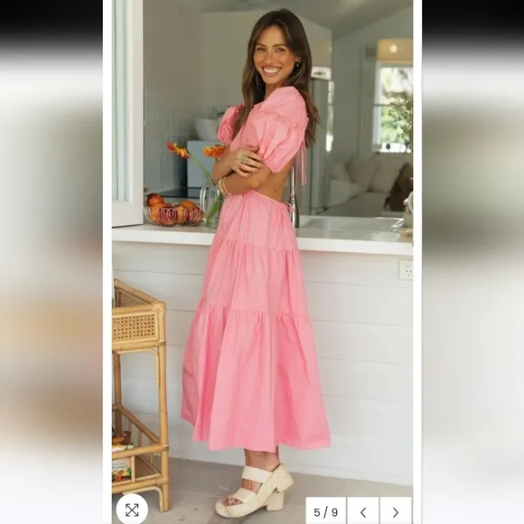 NwT Charlie Holiday Floress Puff Sleeve Open Back Midi Dress In Pink Size 2