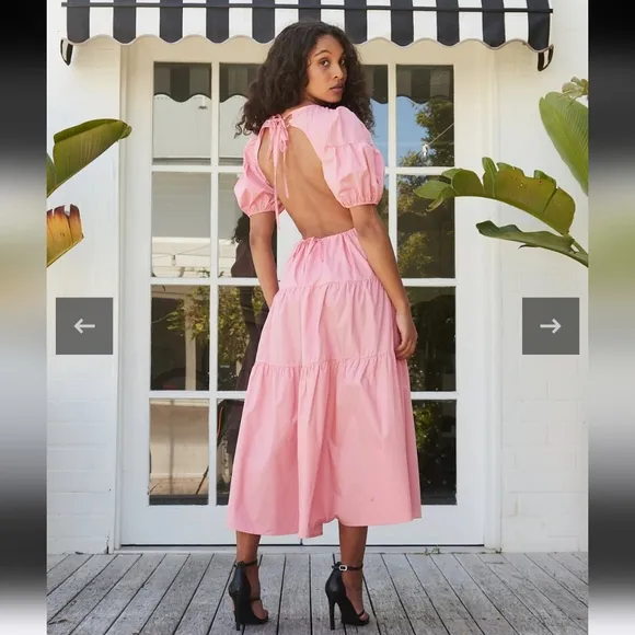 NwT Charlie Holiday Floress Puff Sleeve Open Back Midi Dress In Pink Size 2
