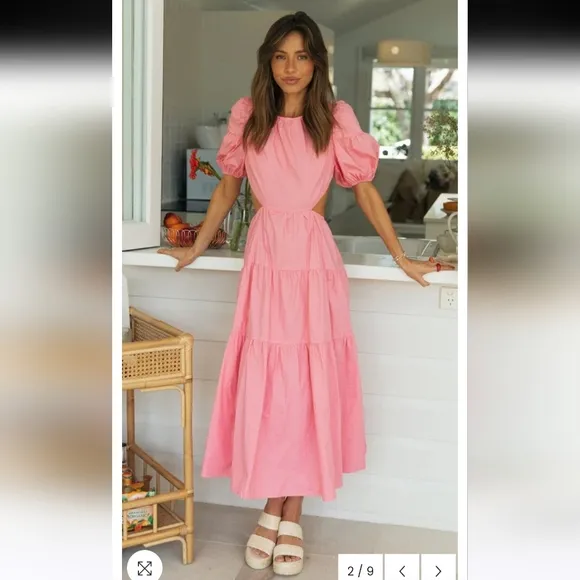 NwT Charlie Holiday Floress Puff Sleeve Open Back Midi Dress In Pink Size 2