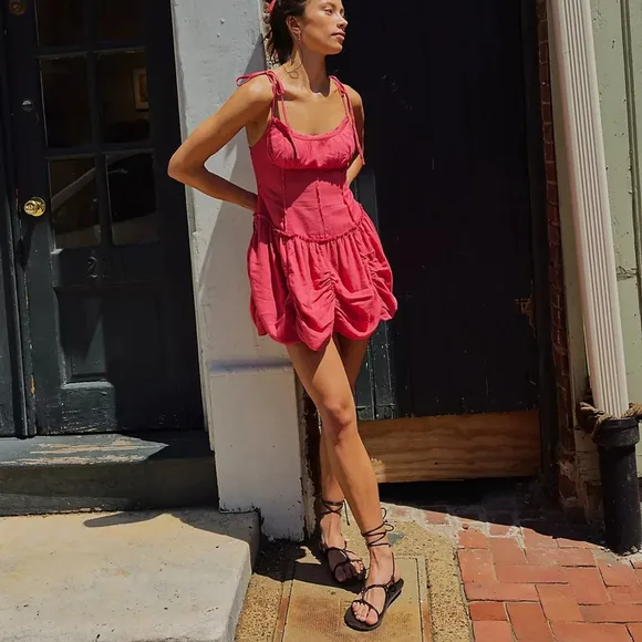 NWT Free People Miami Beet Beachy Bustle Linen Mini Dress