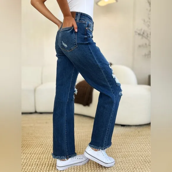 NWT Judy Blue PLUS   REG Size Mid Rise Distressed Raw Hem Straight Leg Dad Jeans