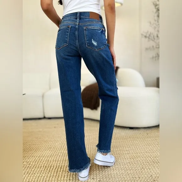 NWT Judy Blue PLUS   REG Size Mid Rise Distressed Raw Hem Straight Leg Dad Jeans