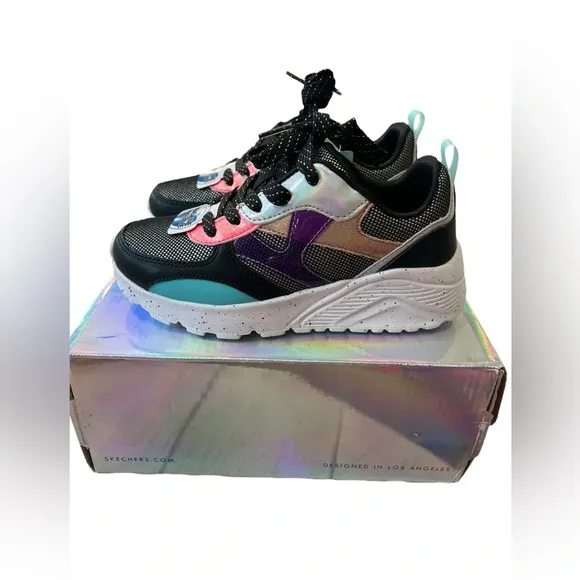 NWT Skechers Little Girl Uno-Lite Metallic Colorful Sneakers c 13.5