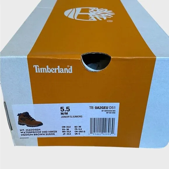 NWT Timberland Juniors Youth Mt. Maddsen Waterproof Hiking Boots Size 5.5 Suede