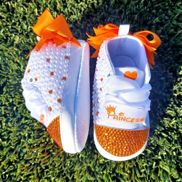 Orange Princess Embellished Baby Shoes with bow: OTHER COLORS AVAIL. BY REQUEST